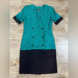 Vintage 80s Teal and Black Polka Dot Midi Dress Made in USA